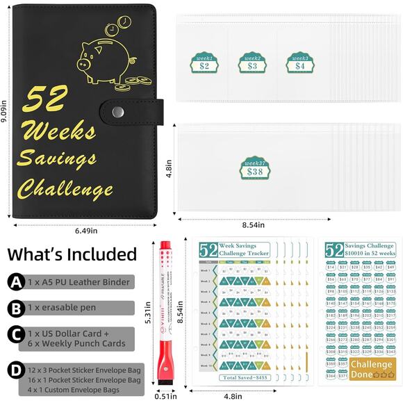 Save $10,010 w/ 52 Week Money Saving Challenge Binder w/Cash Envelopes Trackers - Picture 3 of 6
